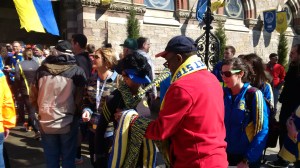 Church members giving out scarves at the Old South Church
