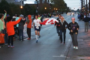 Crossing the finish line.