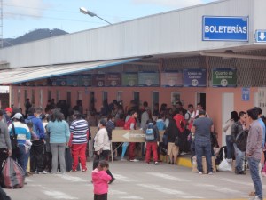 The line for tickets at the bus station.
