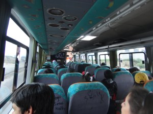 The view inside the long distance bus.
